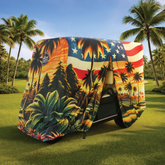 Golf cart cover Club Car Onward 4 Passenger HP Li-Ion models; front left zipper open view showing easy side cart access.