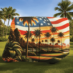 Golf cart cover Club Car Precedent 4-seater models; full front view fully installed with 600D marine grade cart fabric.