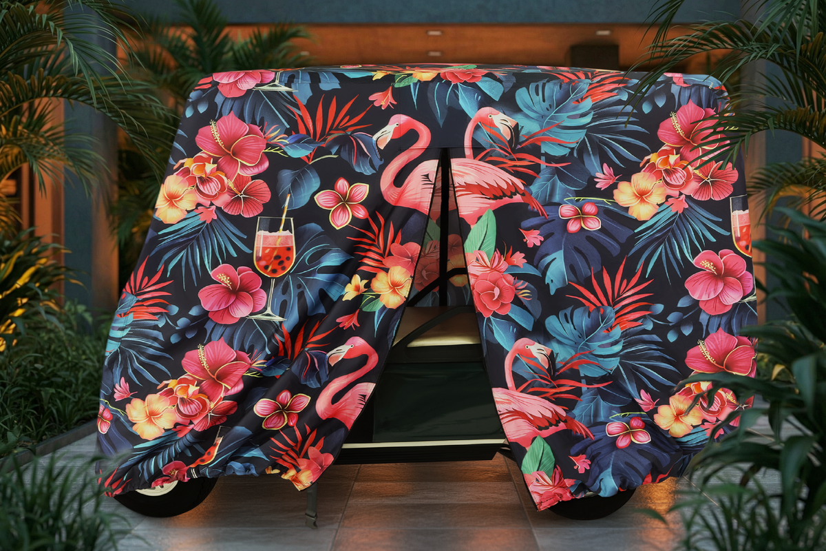 Golf cart cover flamingo party