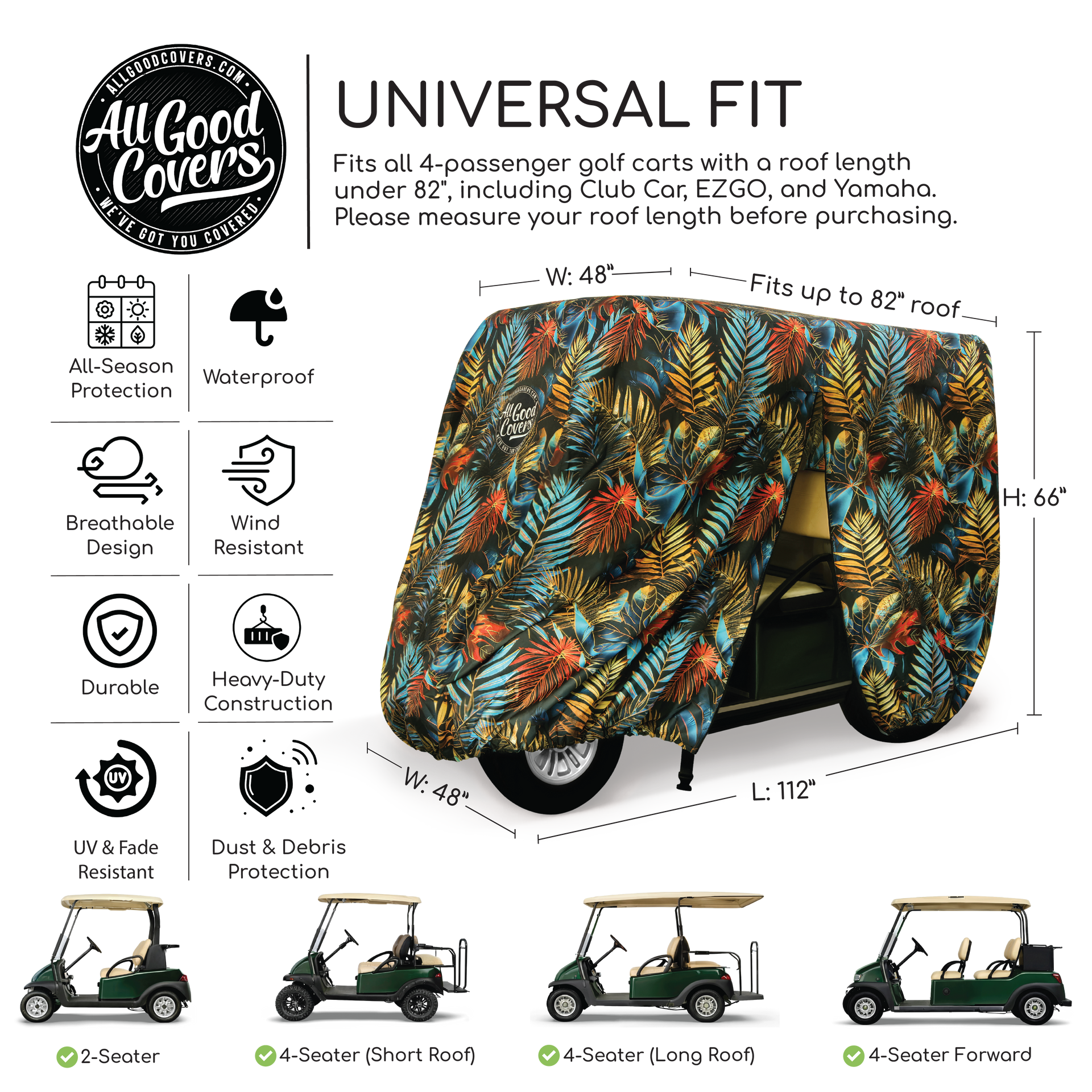 4 seater golf cart cover dimensions size guide showing correct fitment for carts with roof up to 82 inches.