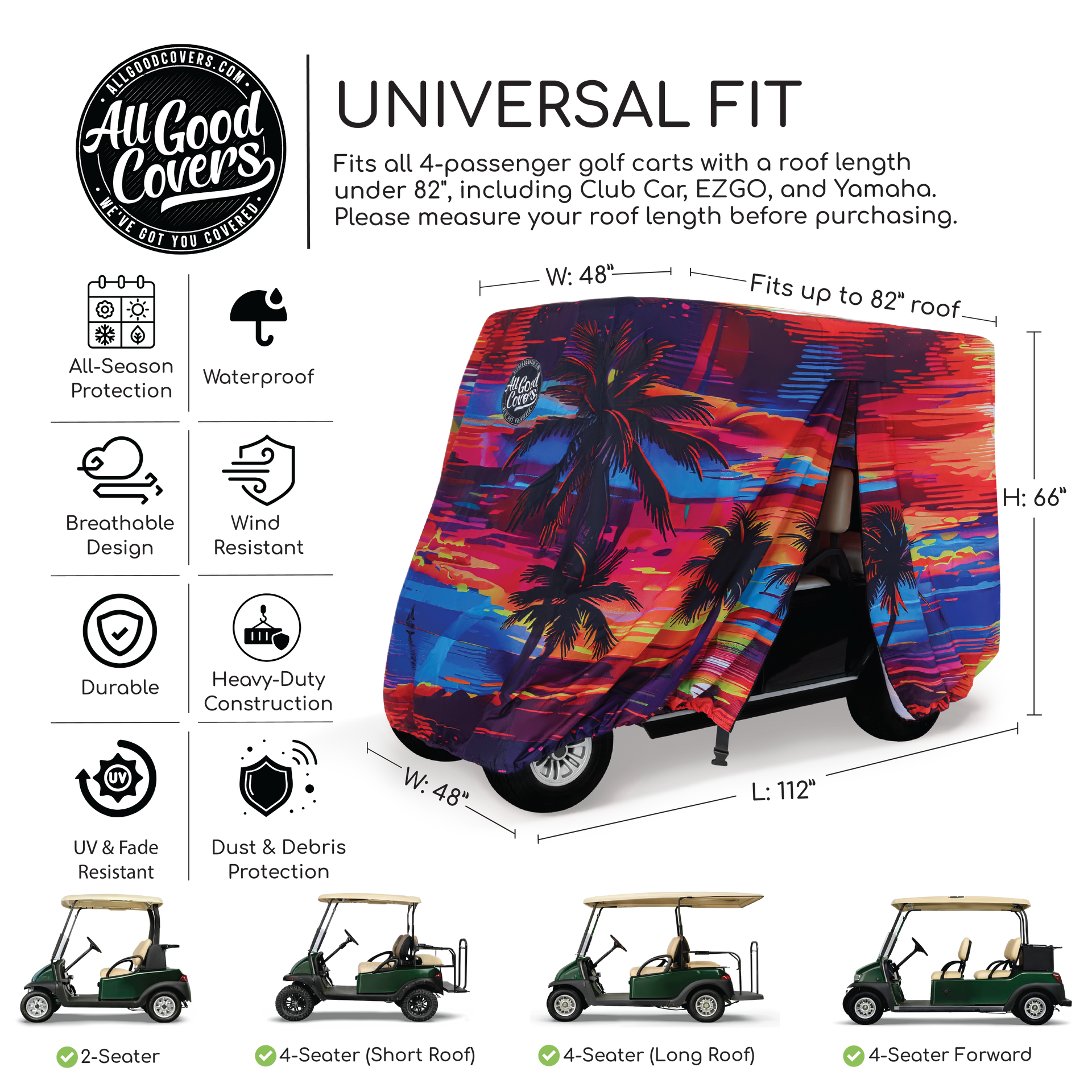 4 seater golf cart cover dual strap cross lock under cart securement system for windproof heavy duty protection.