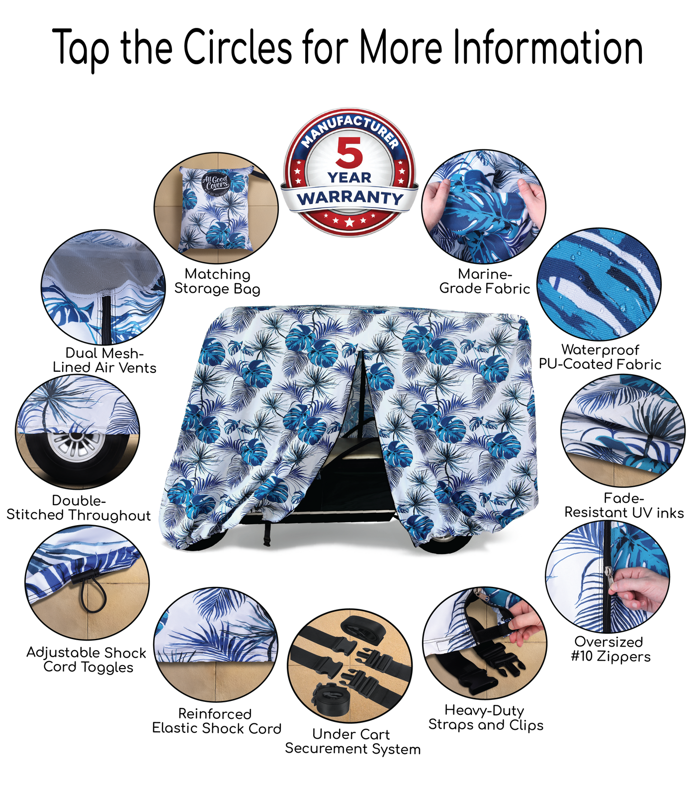 Teal Blue Tropics Golf Cart Cover Feature Guide