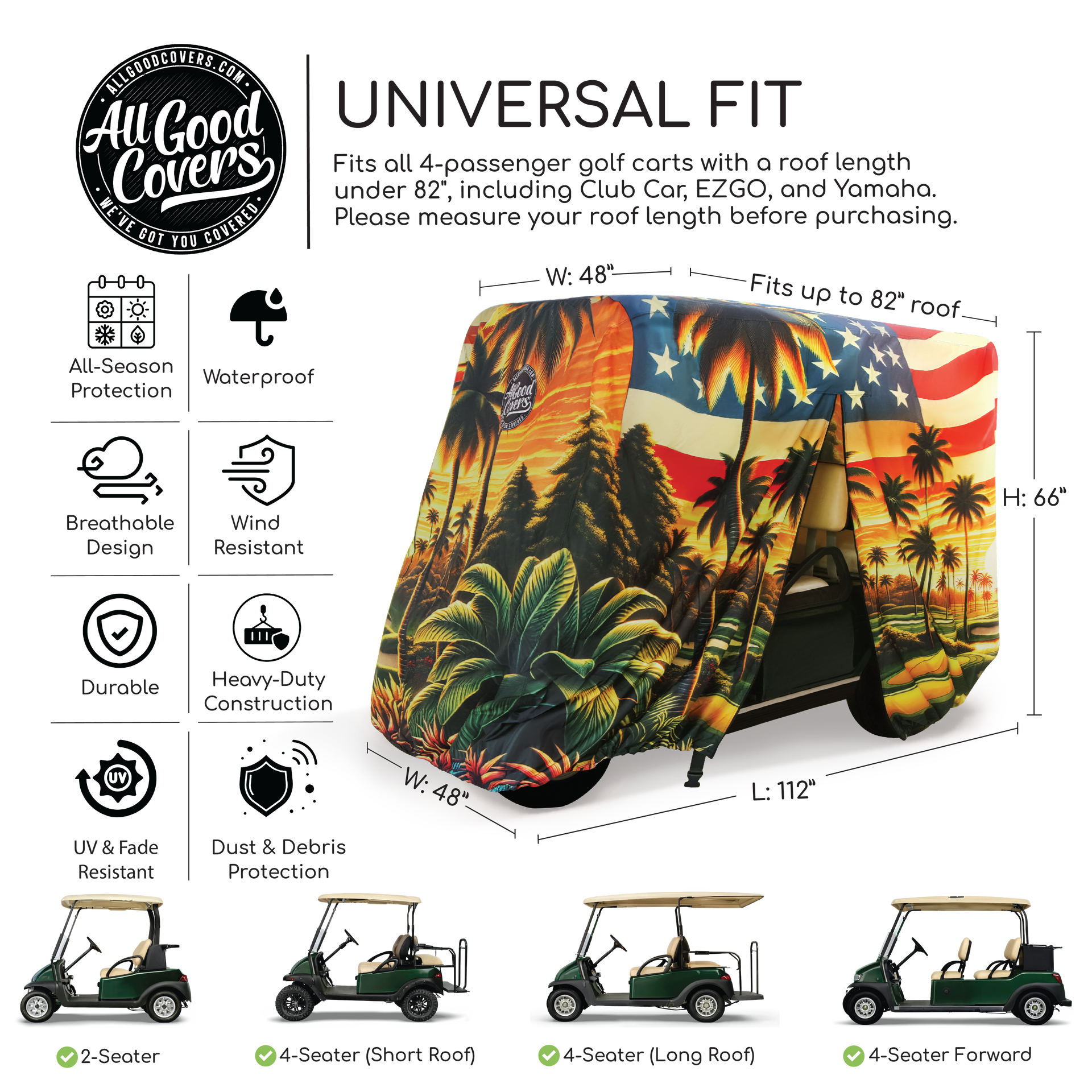 Golf cart cover Club Car Onward 4 passenger fully installed front view showing complete waterproof protection.