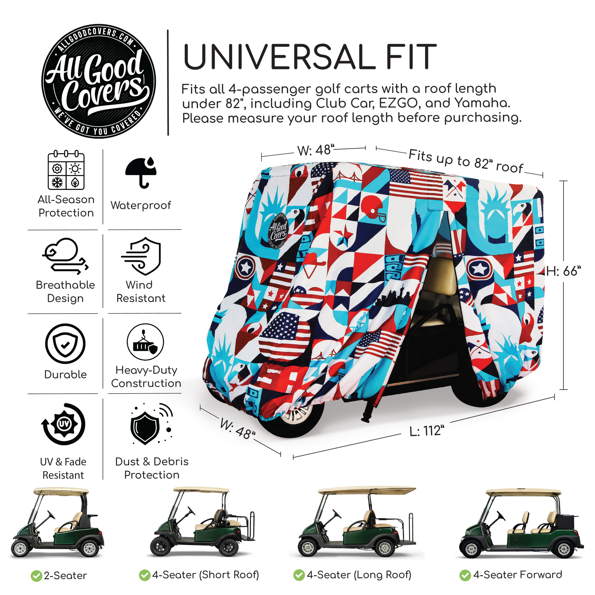 Golf cart cover Evolution D-Max GT4 4 passenger dual mesh lined air vents for breathable moisture free storage.