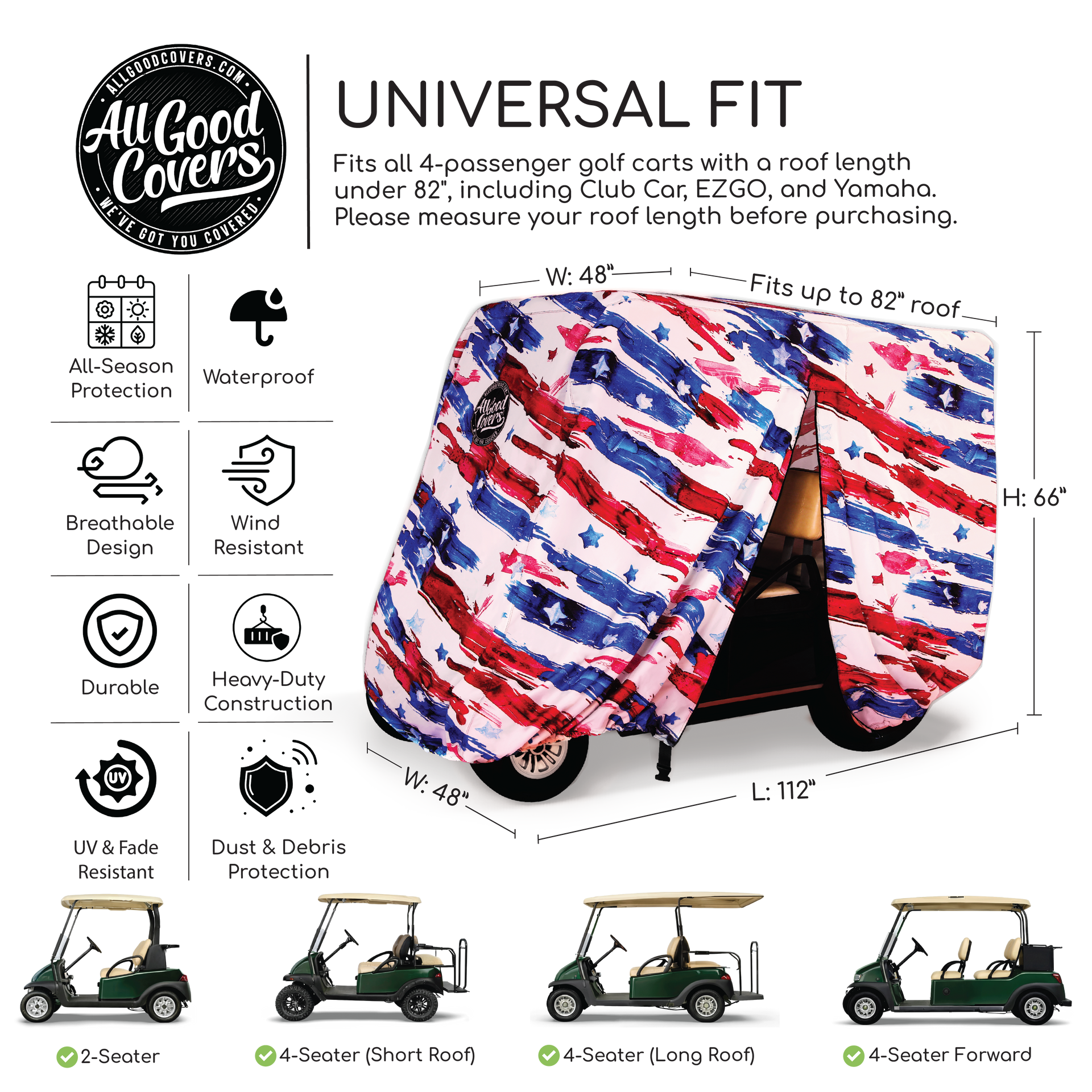 Golf cart cover EZGO Express S4 4 passenger matching protective storage carry bag included with every cover.