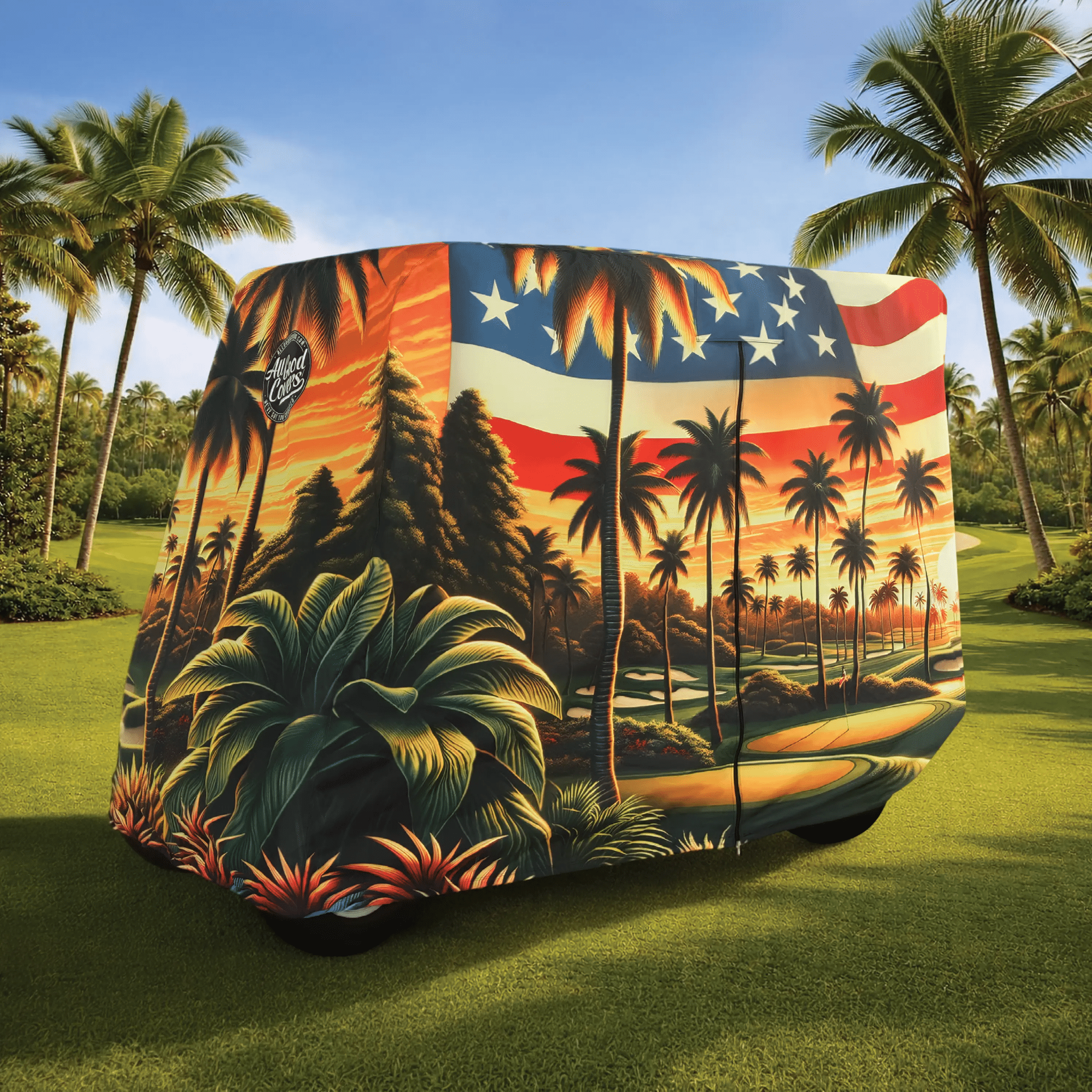 Golf cart cover E-Z-GO Liberty LSV 4 seater models; fully installed front left angle view for a clean and secure fit.
