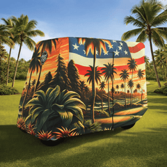 Golf cart cover E-Z-GO Liberty LSV 4 seater models; fully installed front left angle view for a clean and secure fit.
