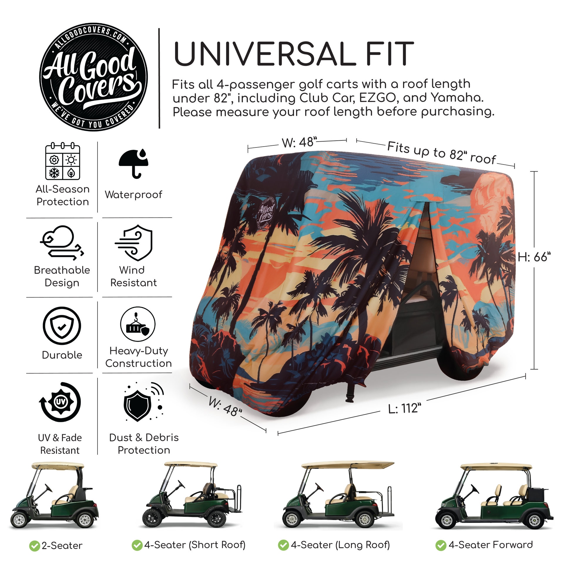 Golf cart cover EZGO Liberty LSV 4 passenger rear angle view showing full coverage and 600D fabric protection.
