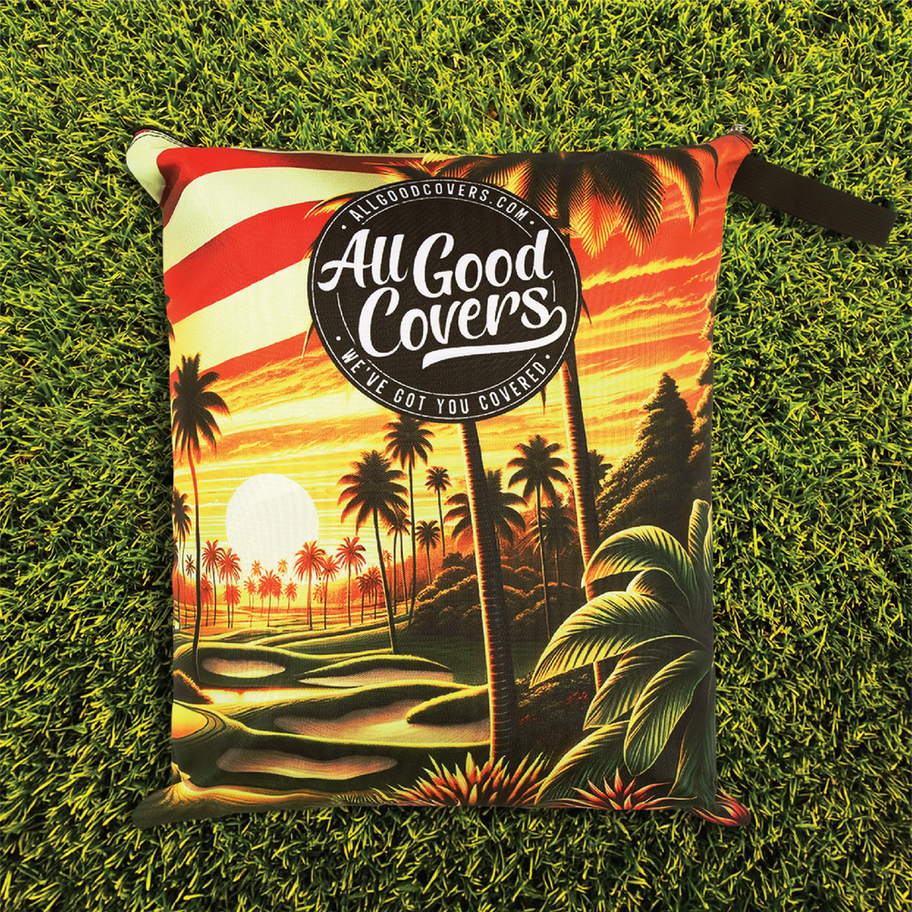 Golf cart cover E-Z-GO Liberty LSV 4 seater; compact portable storage carry bag included for the premium cover set bag.
