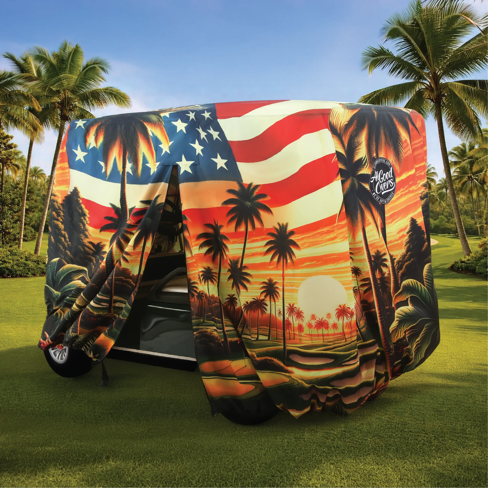 Golf cart cover EZGO RXV Valor 4 4-passenger; back left angle half-installed view showing the easy fitment on the cart.
