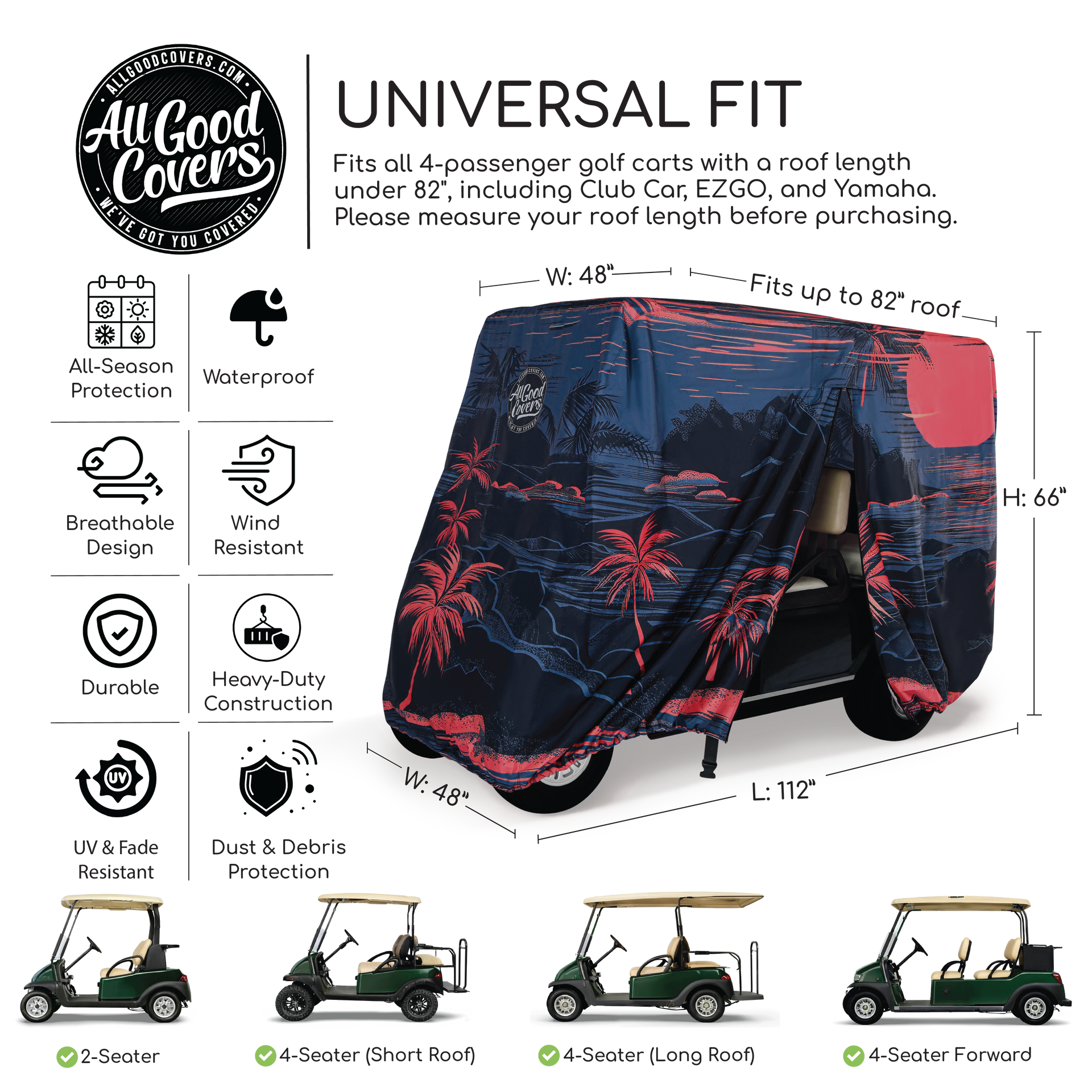 Golf cart cover ICON i40L 4 passenger windproof heavy duty straps clips and velcro guard for secure fitment.