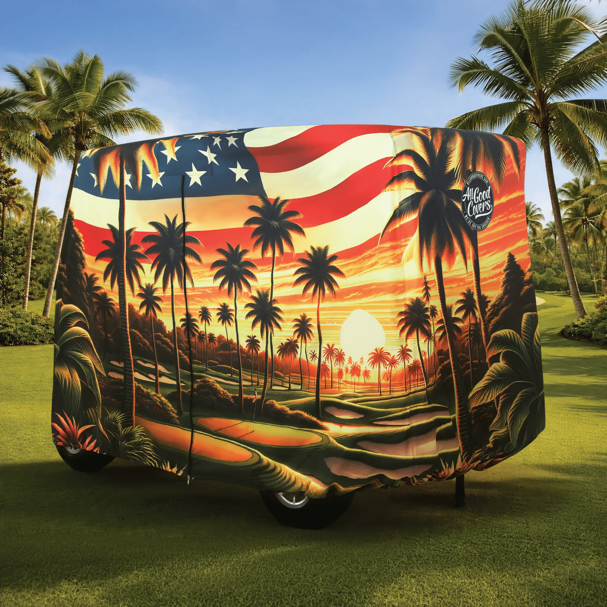 Golf cart cover Yamaha Drive2 QuieTech EFI 4-passenger; back left side zipper open for practical entry and easy access.
