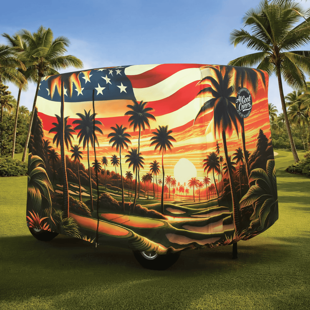 Golf cart cover Yamaha Drive2 QuieTech EFI 4-passenger; back left side zipper open for practical entry and easy access.
