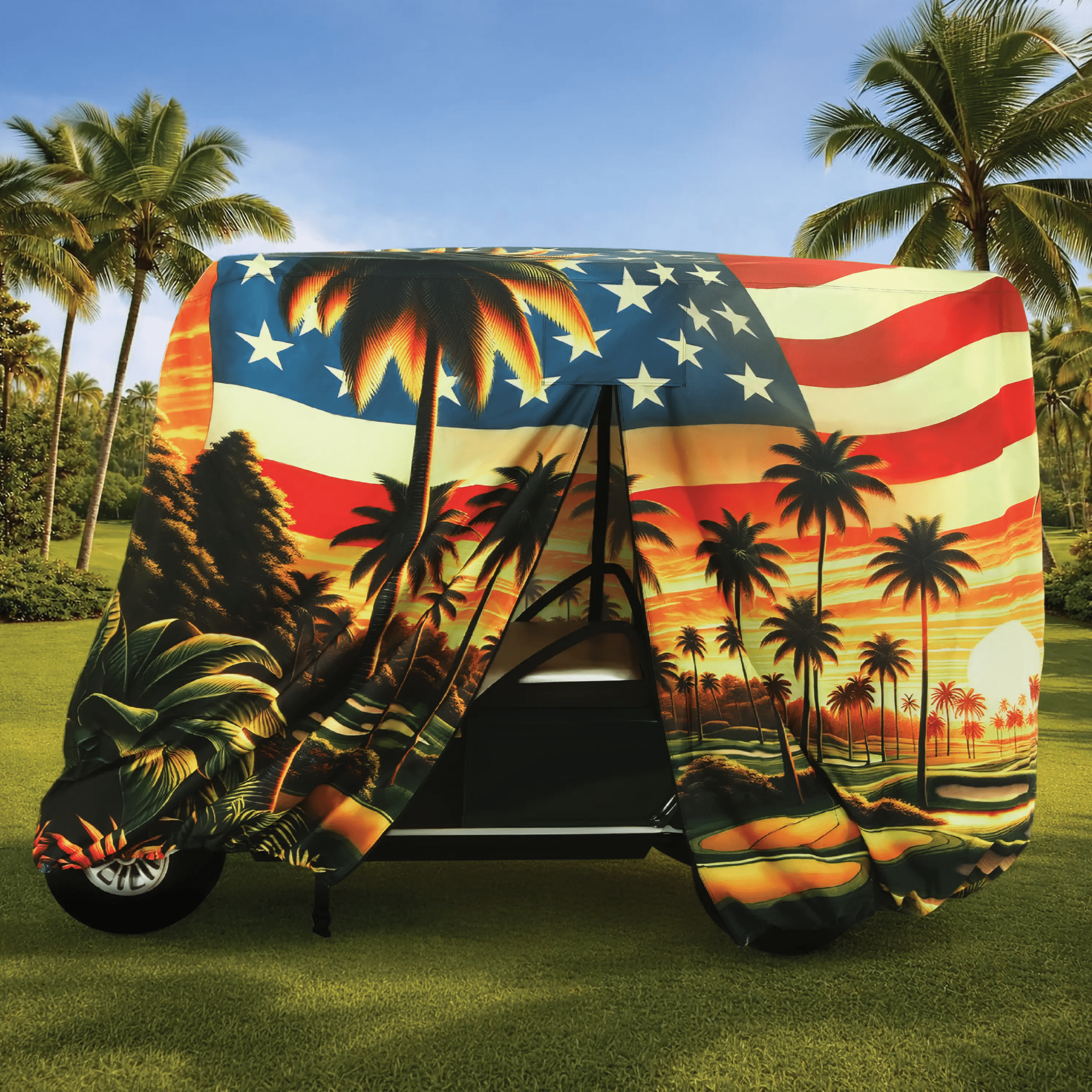 Golf cart cover Yamaha Drive2 PTV Electric 4-passenger; front zipper open view detail on this heavy duty storage car.
