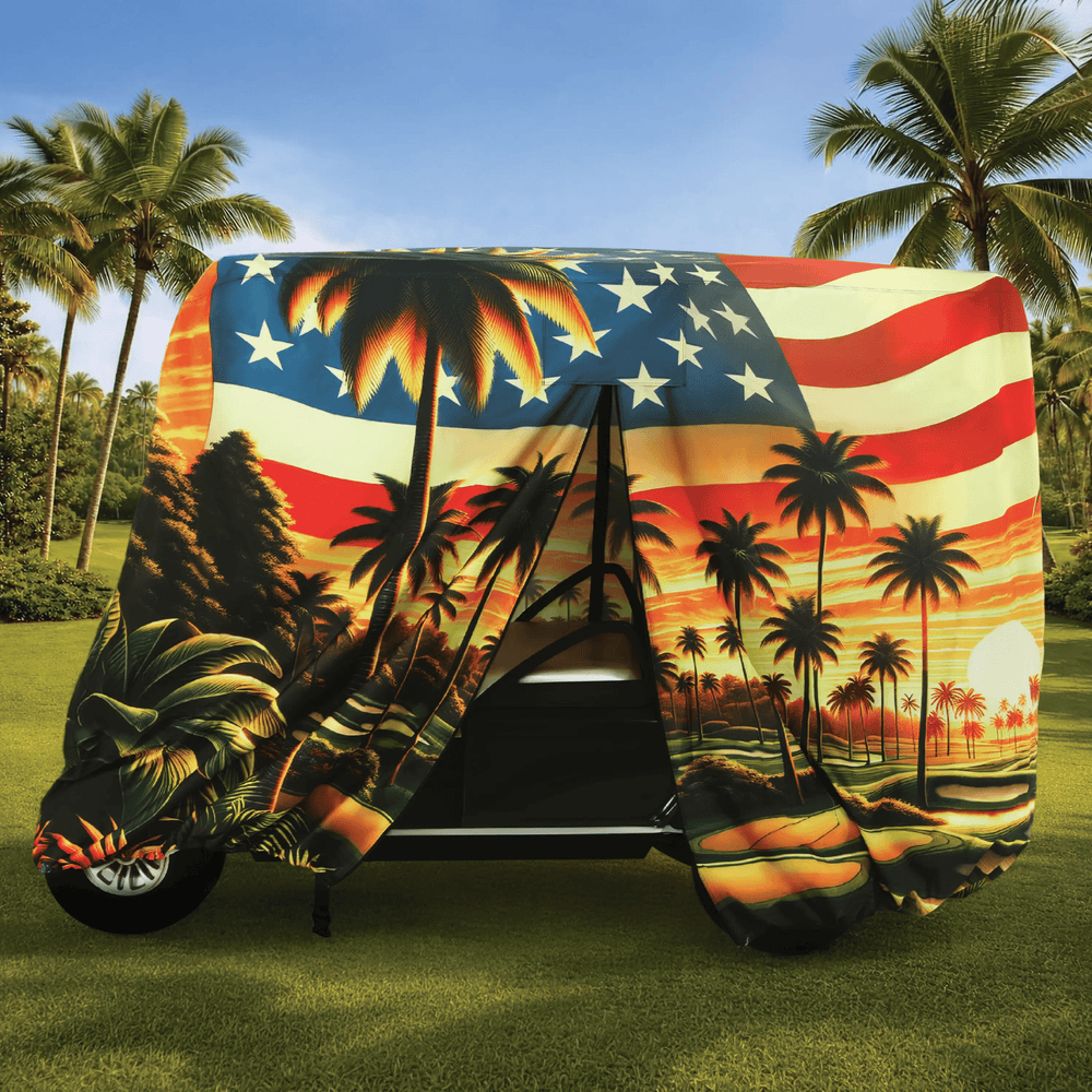 Golf cart cover Yamaha Drive2 PTV Electric 4-passenger; front zipper open view detail on this heavy duty storage car.
