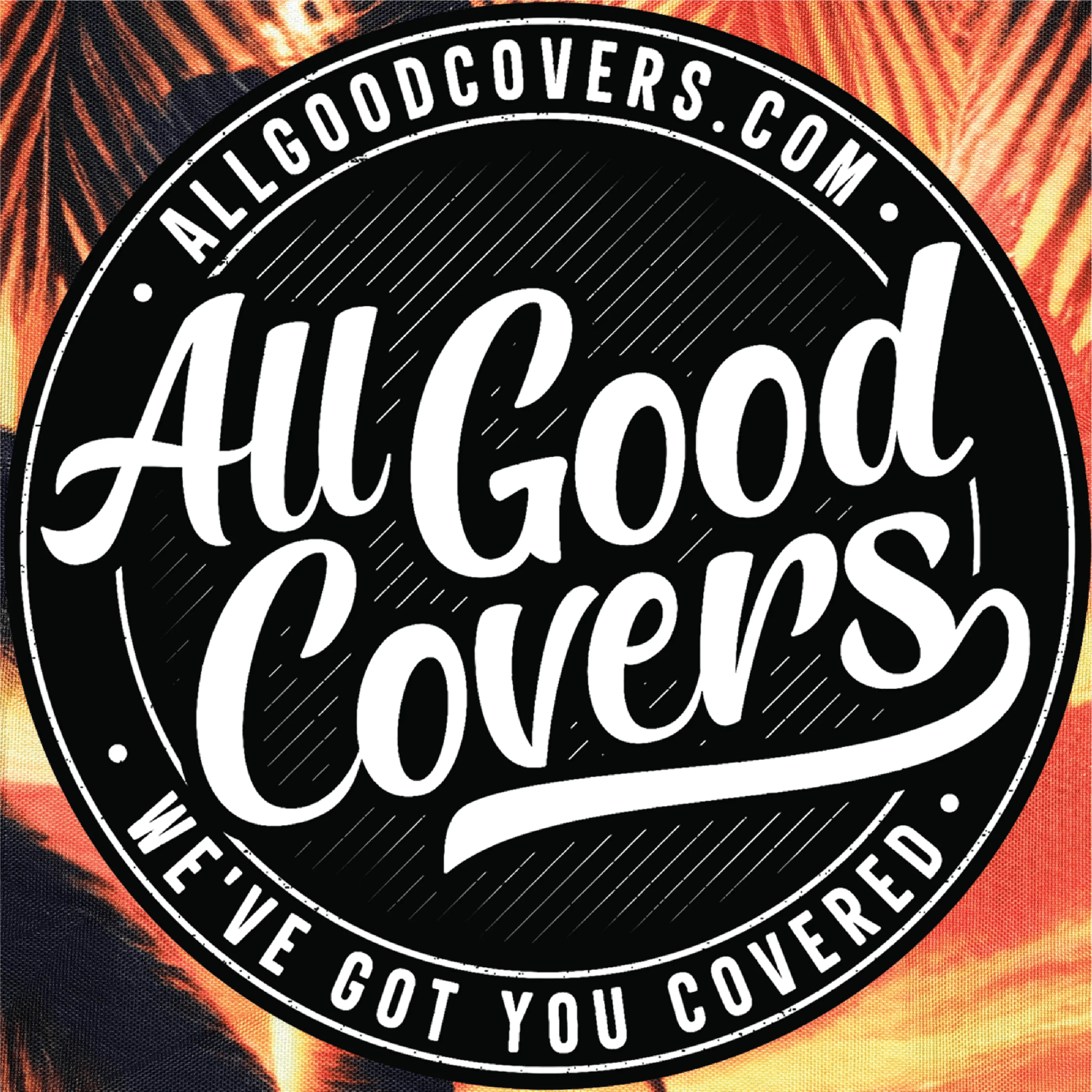 Golf cart cover Yamaha Drive2 4-seater; close up of All Good Covers premium branding logo on the heavy durable fabric.
