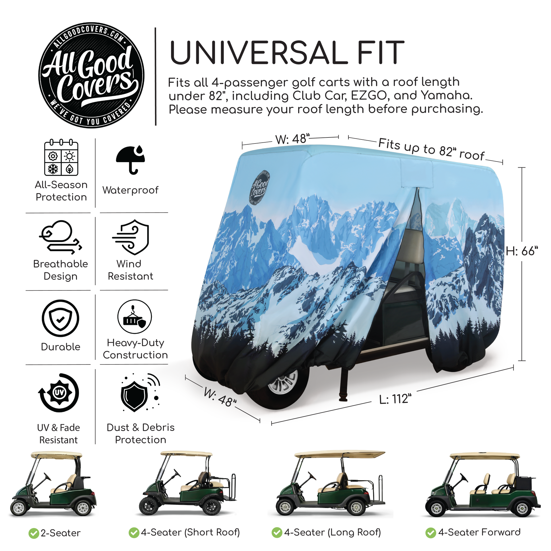 Golf cart cover Yamaha Drive2 PTV 4 passenger complete heavy duty strap and clip system for secure wind protection.
