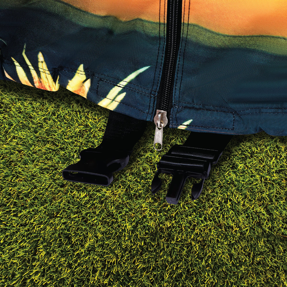 Golf cart cover Yamaha Drive2 PowerTech Li 4-passenger; heavy duty windproof straps and clips for secure cart storage.

